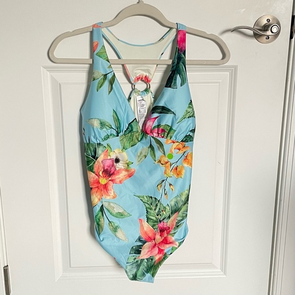 New! Leonisa Blue Floral Back Hardware Ring One Piece Swimsuit 35130 - Picture 3 of 12